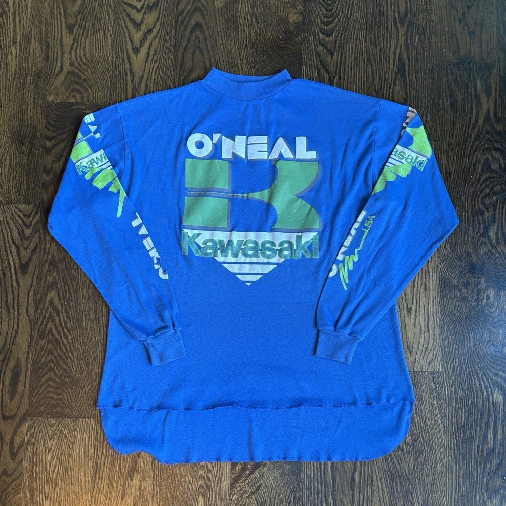 Vtg 80s 90s O'Neal Kawasaki Motocross Jersey XL Blue Green USA Racing MX Moto